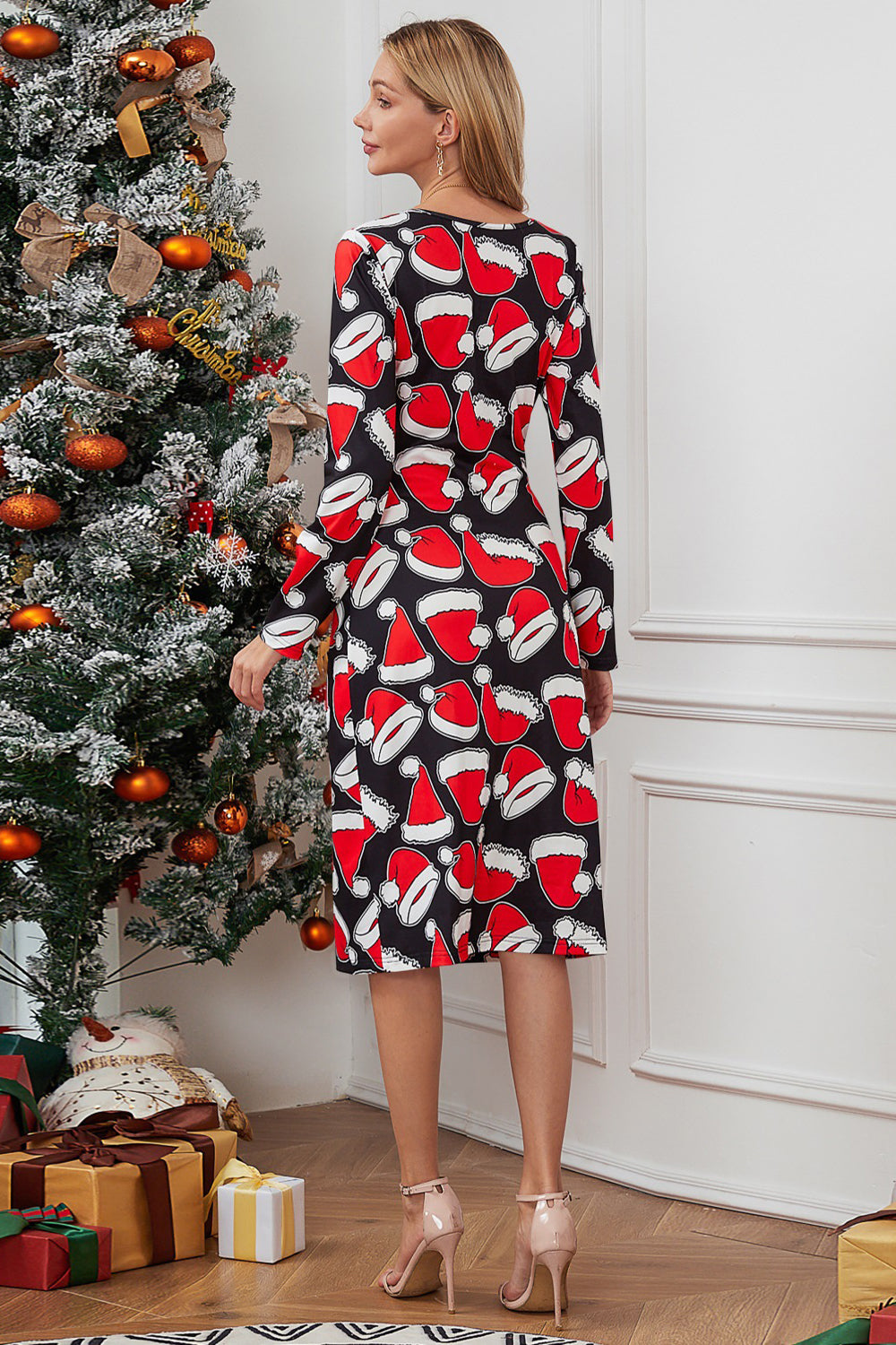 Rentier Cocktailkleid mit V-Ausschnitt und langen Ärmeln