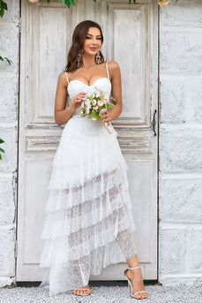 Elfenbeinfarbene Spitze Asymmetrisch Abnehmbare Schleppe Boho Hochzeitskleid