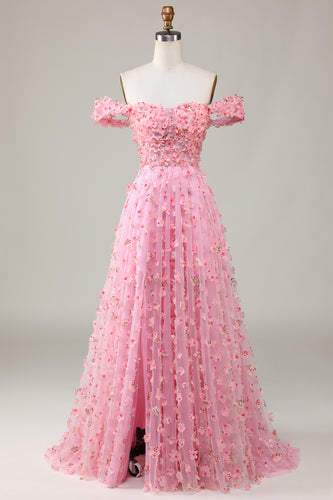 A-Linie Schulterfreies Rosa Langes Brautjungfernkleid mit 3D Blumen