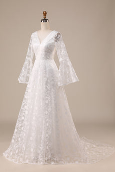 Elfenbeinfarbenes Brautkleid aus Spitze mit ausgestellten Ärmeln in A-Linie