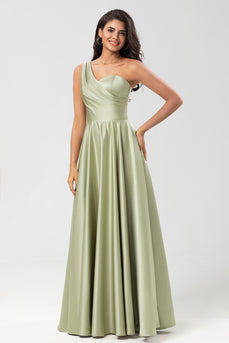 Ein-Schulter Satin Grün Brautjungfernkleid mit Taschen