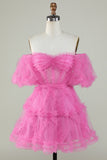Rosa Tüll schulterfreies kurzes Abendkleid