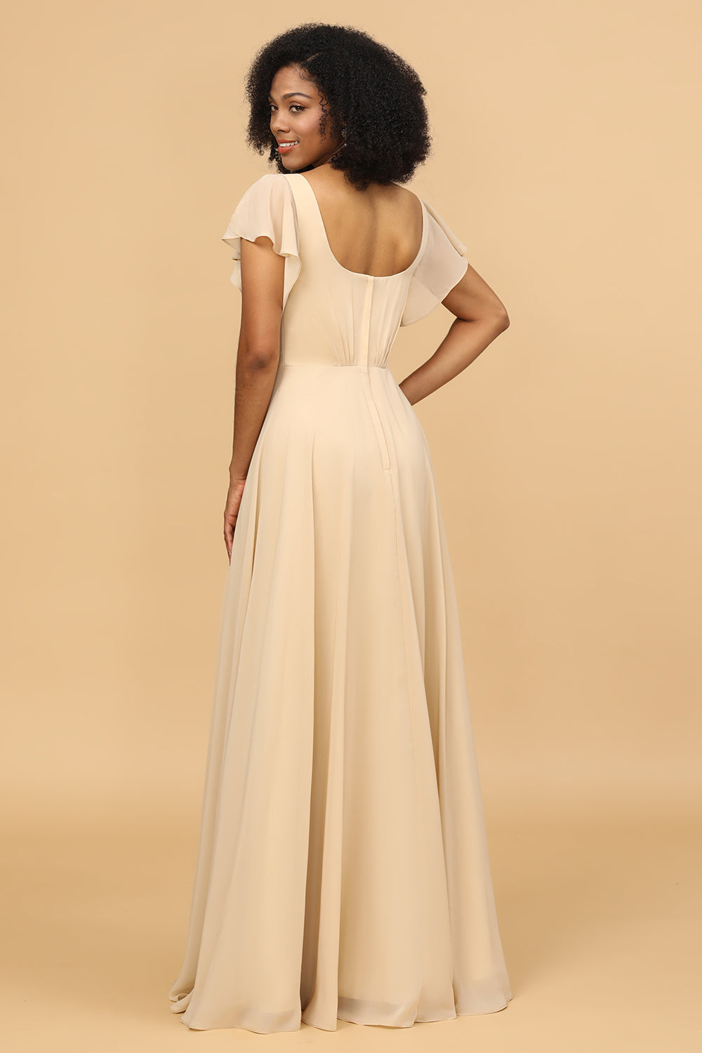 Champagnermütze Ärmel Lange Chiffon Brautjungfer Kleid