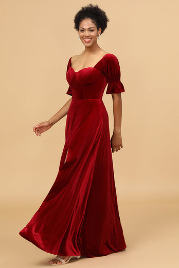 Roter Samt Halbärmel Brautjungfernkleid mit Schlitz