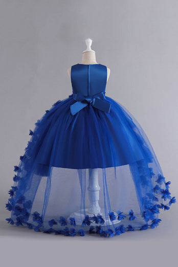 Blaues High Low Mädchenkleid mit Bowknot