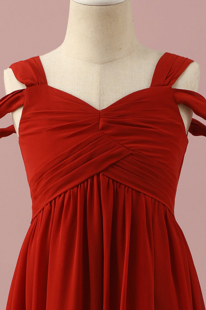 Laden Sie das Bild in den Galerie-Viewer, Rotes Chiffonkleid mit kalten Schultern für junge Brautjungfern