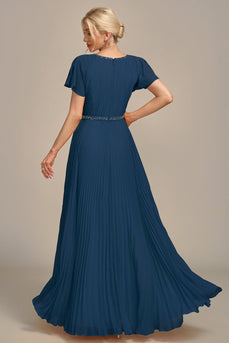 Marineblaues A-Linien-Kleid mit Rundhalsausschnitt und kurzen Ärmeln