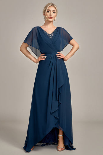 Marineblaues A-Linien-Kleid mit asymmetrischen Pailletten für die Mutter der Braut mit Perlen