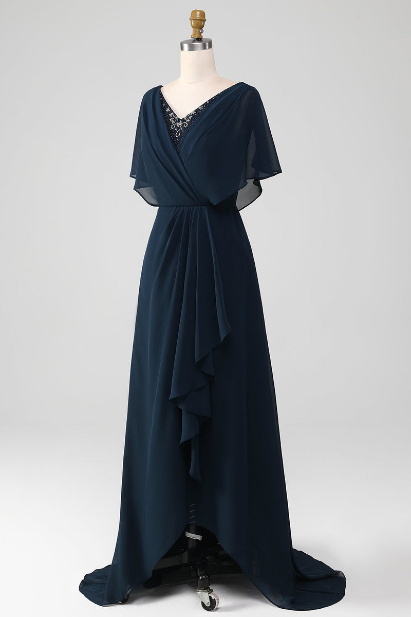 Laden Sie das Bild in den Galerie-Viewer, Marineblaues A-Linien-Kleid mit V-Ausschnitt und asymmetrischen Pailletten Mutter der Braut mit Perlen