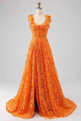 Orangefarbenes langes Ballkleid aus floraler A-Linie