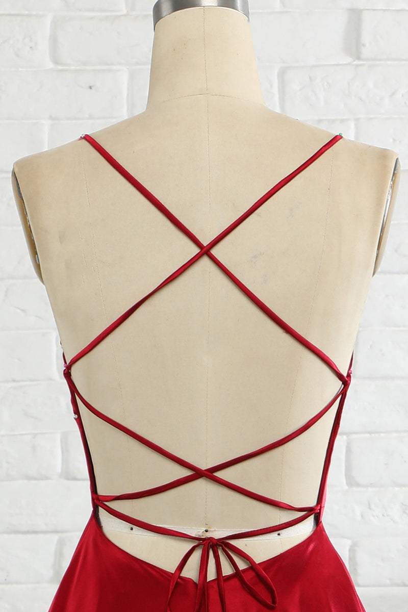Laden Sie das Bild in den Galerie-Viewer, Einfaches A-Linie Spaghettiträger Burgunderfarbenes Langes Brautkleid mit Drittelkreuz im Rücken