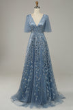 Graublau Tüll bestickte Blätter Ballkleid