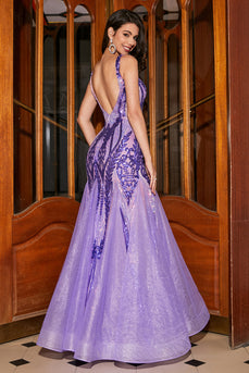 Atemberaubendes Meerjungfrauen-Kleid mit V-Ausschnitt und lila Pailletten für den Abschlussball mit offenem Rücken