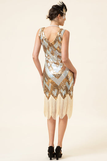 Goldenes und silbernes Paillettenfransen 1920er Jahre Gatsby Flapper Kleid mit 20er Jahre Accessoires Set