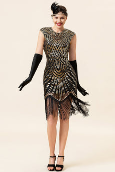 Schwarze und goldene Kappenärmel Paillettenfransen 1920er Jahre Gatsby Flapper Party Kleid mit 20er Jahre Accessoires Set