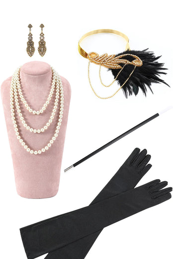 Schwarze und goldene Kappenärmel Paillettenfransen 1920er Jahre Gatsby Flapper Party Kleid mit 20er Jahre Accessoires Set