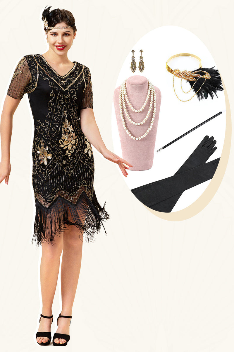 Laden Sie das Bild in den Galerie-Viewer, Schwarz und Golden Kurzärmel Pailletten Fransen 1920er Jahre Gatsby Flapper Kleid mit 20er Jahre Accessoires Set