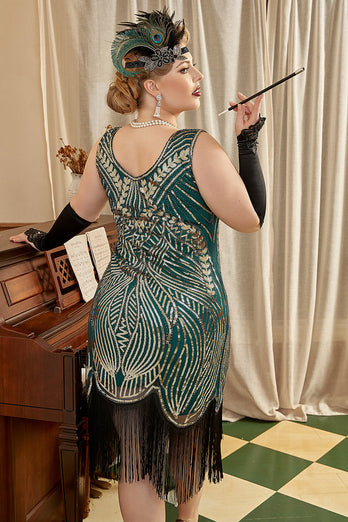 Goldenes und grünes 1920er Jahre Übergröße Kleid mit 20er Jahre Accessoires Set