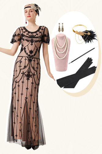 Schwarzes Blush-Pailletten-langes Kleid aus den 1920er Jahren mit 20er-Jahre-Accessoires