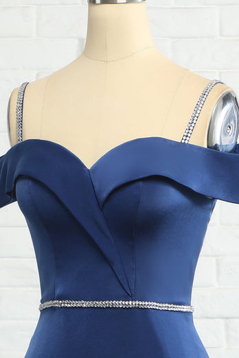 Meerjungfrau Trägerlos Marineblau Perlenbesticktes Brautjungfernkleid