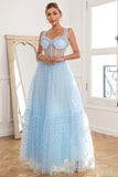 Himmelblaue Polka Dots Tüll Ballkleid