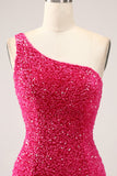 Glitzerndes fuchsiafarbenes Meerjungfrauen-One-Shoulder-langes Pailletten-Ballkleid mit Schlitz