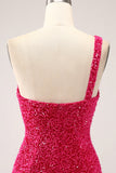 Glitzerndes fuchsiafarbenes Meerjungfrauen-One-Shoulder-langes Pailletten-Ballkleid mit Schlitz