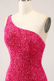 Glitzerndes fuchsiafarbenes Meerjungfrauen-One-Shoulder-langes Pailletten-Ballkleid mit Schlitz