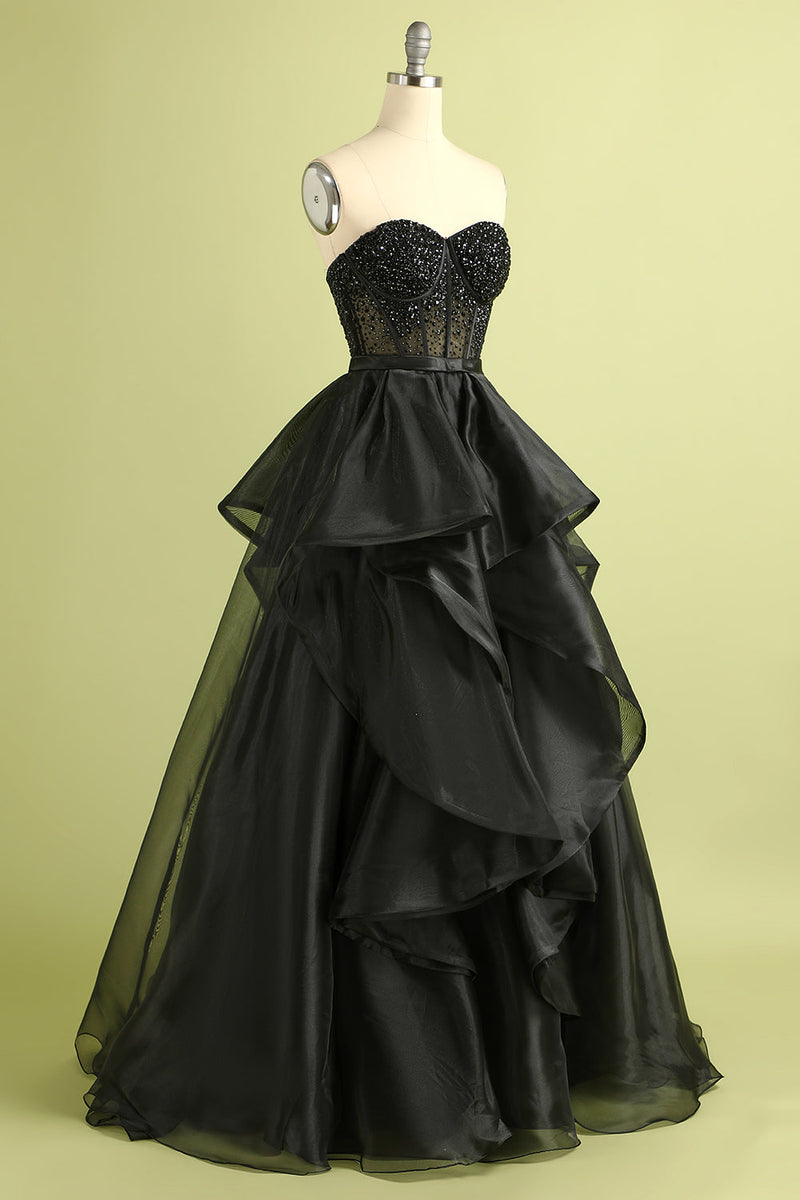Laden Sie das Bild in den Galerie-Viewer, Schwarzes trägerloses Ballkleid Abendkleid