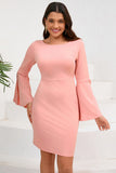 Bodycon Pinkfarbenes Midi-Cocktailkleid mit Rundhalsausschnitt und langen Ärmeln