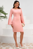 Bodycon Pinkfarbenes Midi-Cocktailkleid mit Rundhalsausschnitt und langen Ärmeln