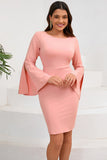 Bodycon Pinkfarbenes Midi-Cocktailkleid mit Rundhalsausschnitt und langen Ärmeln