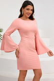 Bodycon Pinkfarbenes Midi-Cocktailkleid mit Rundhalsausschnitt und langen Ärmeln