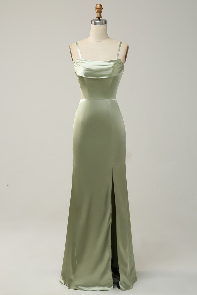 Laden Sie das Bild in den Galerie-Viewer, Grünes A-Line Cabrio-Kleid aus trägerlosem, bodenlangem Satin mit Schlitz
