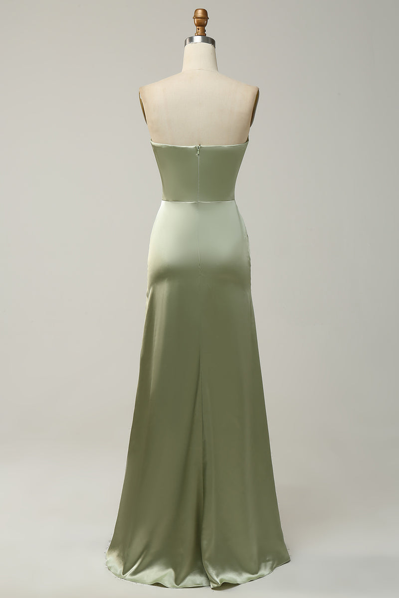 Laden Sie das Bild in den Galerie-Viewer, Grünes A-Line Cabrio-Kleid aus trägerlosem, bodenlangem Satin mit Schlitz