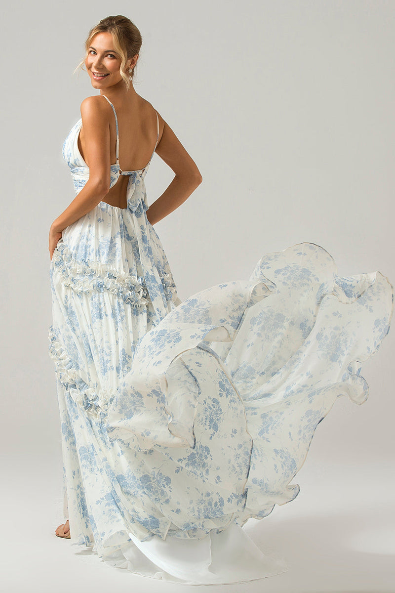 Laden Sie das Bild in den Galerie-Viewer, Weißes blaues Blumen-A-Line-langes Tüll-Brautjungfernkleid mit Rüschen