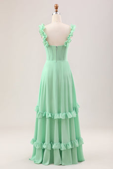 Grünes schulterfreies Korsett-Brautjungfernkleid mit Rüschen