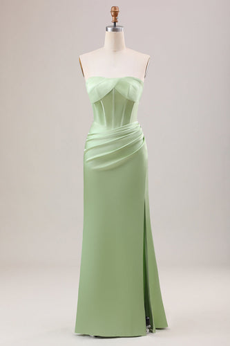 Grünes Etuikorsett trägerloses langes Brautjungfernkleid mit Schlitz