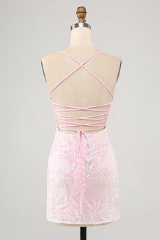 Glitzerndes rosa Spaghettiträger Enges Homecoming-Kleid mit Pailletten