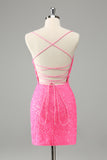 Glitter Hot Pink Bodycon Spaghettiträger Pailletten Kurzes Homecoming Kleid