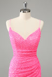 Glitter Hot Pink Bodycon Spaghettiträger Pailletten Kurzes Homecoming Kleid