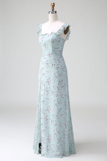 Graugrünes langes Brautjungfernkleid mit Blumendruck und Schlitz