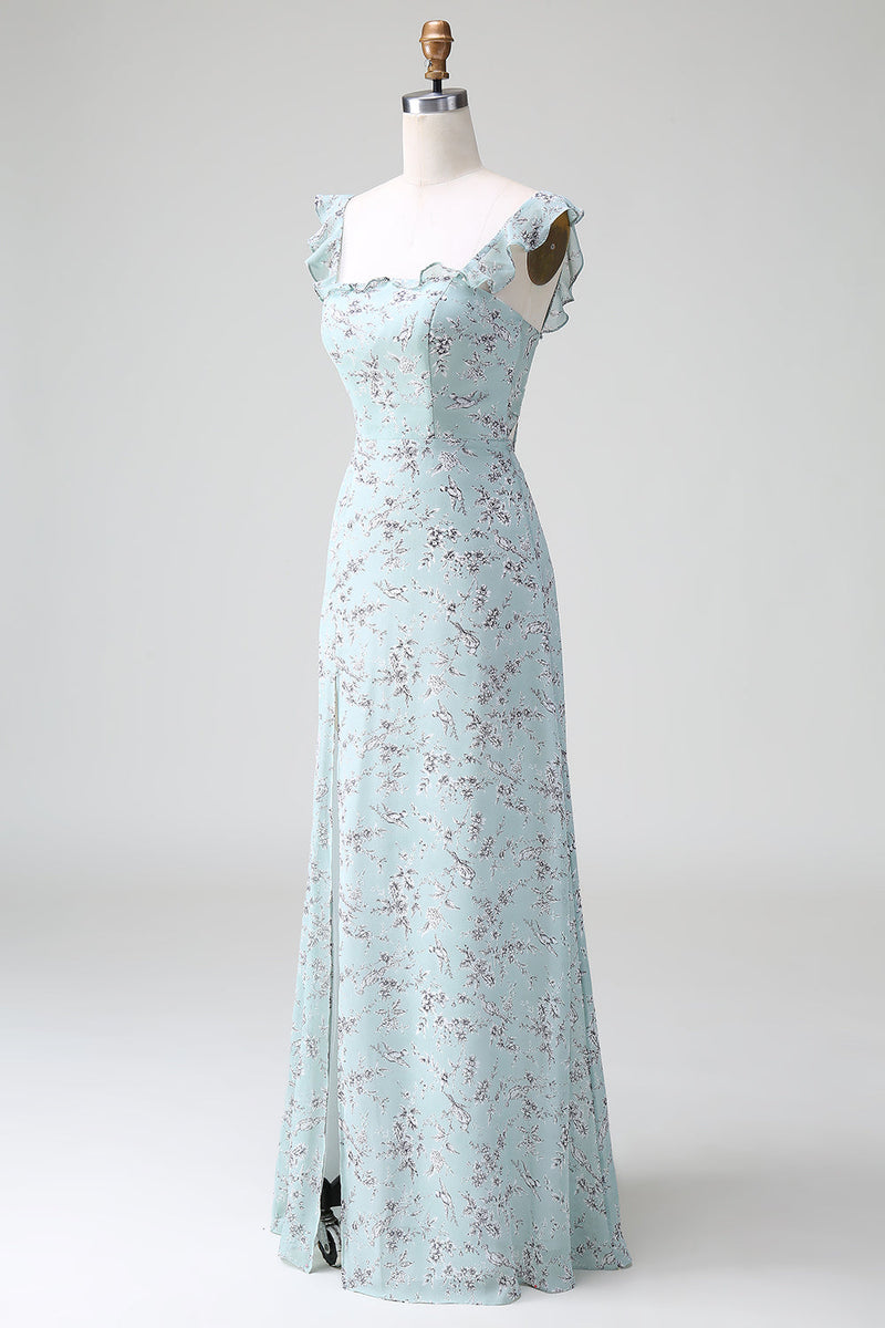 Laden Sie das Bild in den Galerie-Viewer, Graugrünes langes Brautjungfernkleid mit Blumendruck und Schlitz