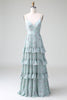 Laden Sie das Bild in den Galerie-Viewer, Graugrünes Spaghettiträger-langes Brautjungfernkleid mit Rüschen