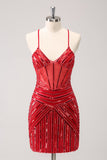 Glitzerndes rotes Spaghettiträger-Pailletten-Kurzes, enges Homecoming-Kleid