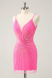 Spaghettiträger Fuchsia Bodycon Homecoming-Kleid mit Pailletten