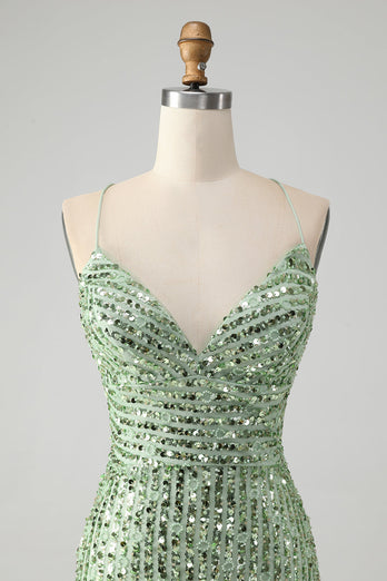 Glitzerndes grünes, figurbetontes kurzes Homecoming-Kleid mit Pailletten und Schnürung