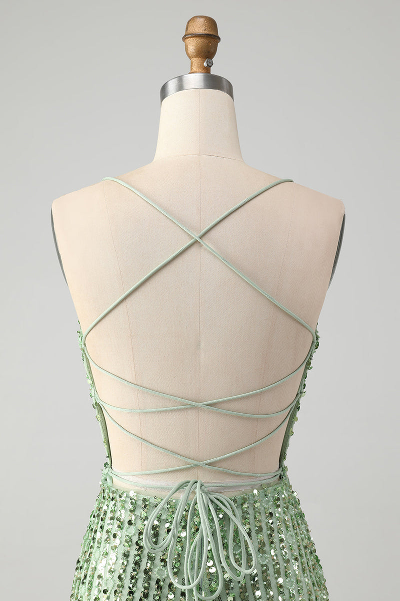 Laden Sie das Bild in den Galerie-Viewer, Glitzerndes grünes, figurbetontes kurzes Homecoming-Kleid mit Pailletten und Schnürung