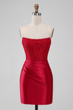Sparky Red Bodycon Trägerloses kurzes Homecoing-Kleid mit Perlen