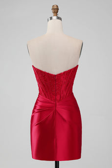 Sparky Red Trägerloses Bodycon Kurzes Homecoing-Kleid mit Spitze